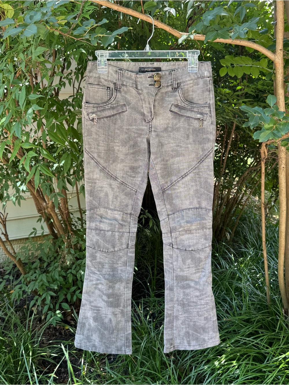 Vintage Gray Faded Bootcut Jeans with Moto Stitching